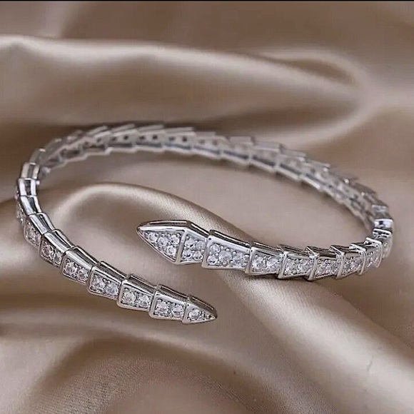 Silver Zircon Snake Bangle Bracelet Ring Set, Luxury - Picture 2 of 8